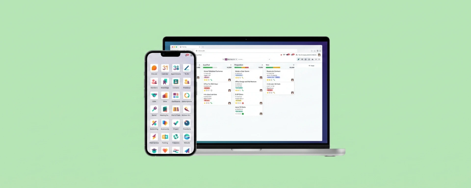 Odoo: software de gestión empresarial con más de 80 aplicaciones Dashboard de Odoo con las principales aplicaciones de gestión empresarial, como Facturación, CRM, Ventas e Inventario.